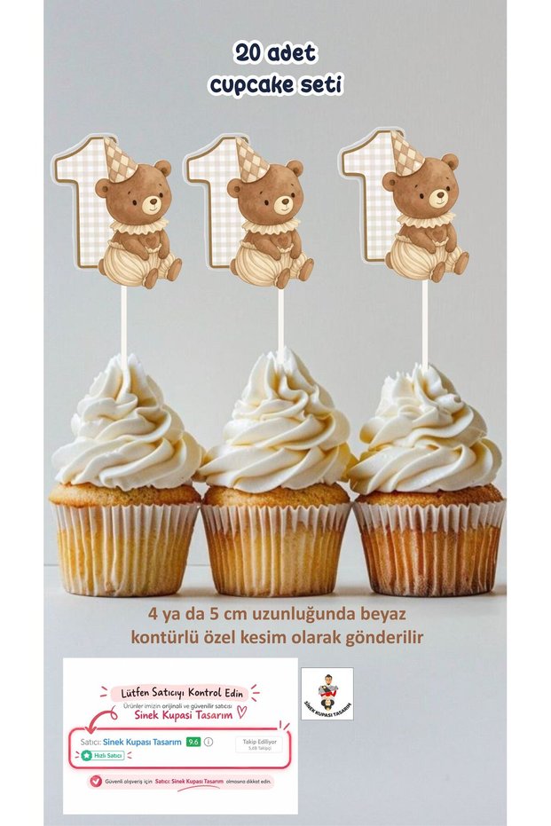 Brown Teddy Bear Themed Concept Toothpick Cupcake Decoration Birthday Decoration *20 Pieces Thick Paper