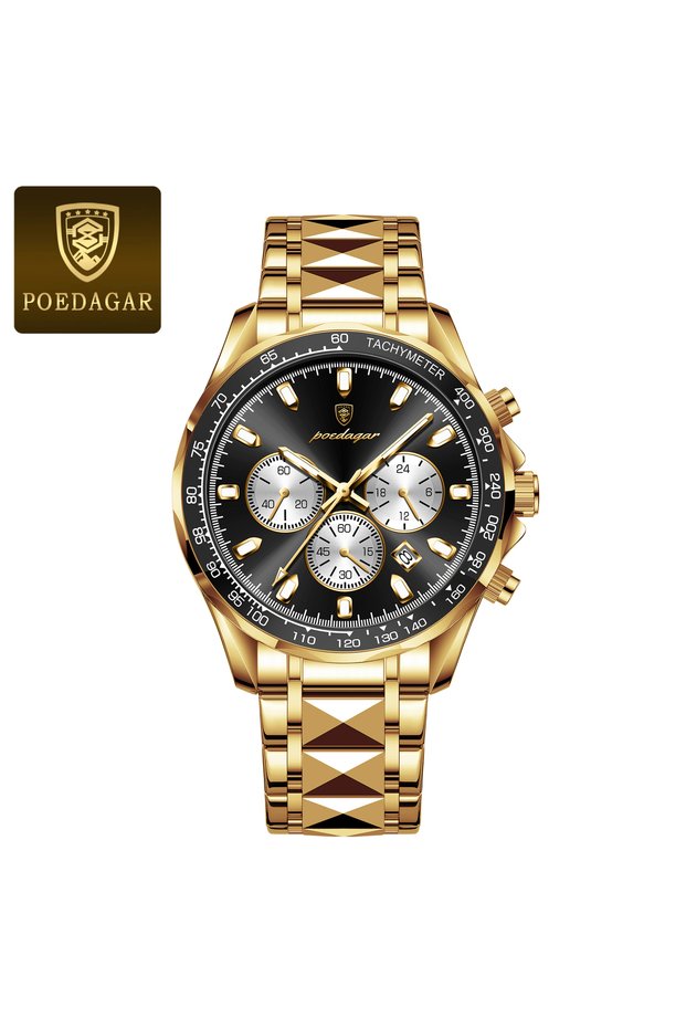 815 All Gold Black POEDAGAR Top Stylish Men Wristwatch Waterproof Luminous Stainless Steel Business