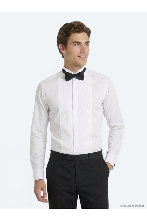 White Plain Slim Fit Double Cuff Tuxedo Shirt