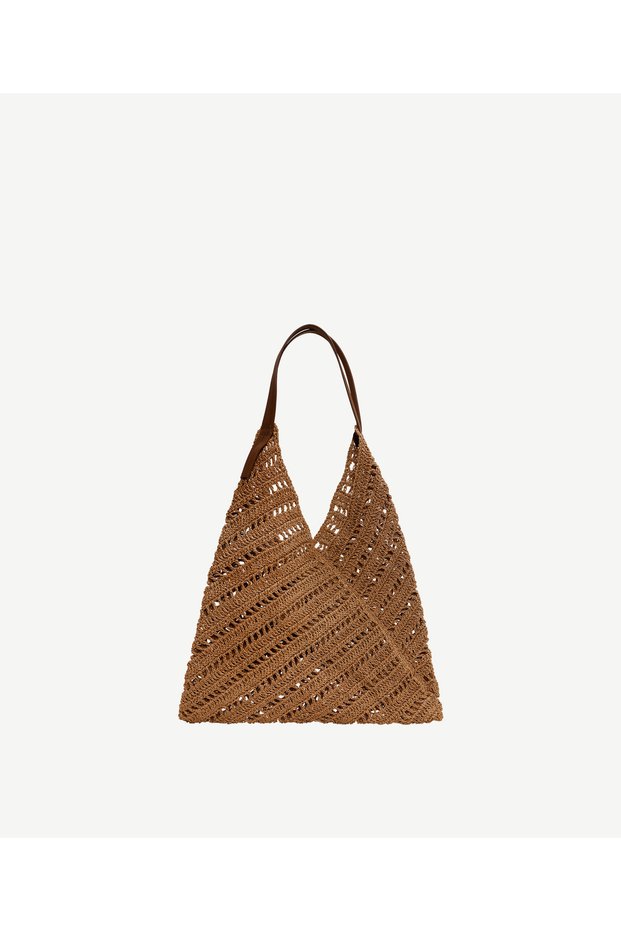 Knitted Raffia Shoulder Bag with Leather Handle Detail