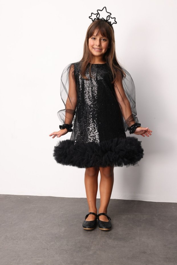 Black Sequined Skirt with Tulle Hem and Long Sleeves Girls' Dress - Balenca