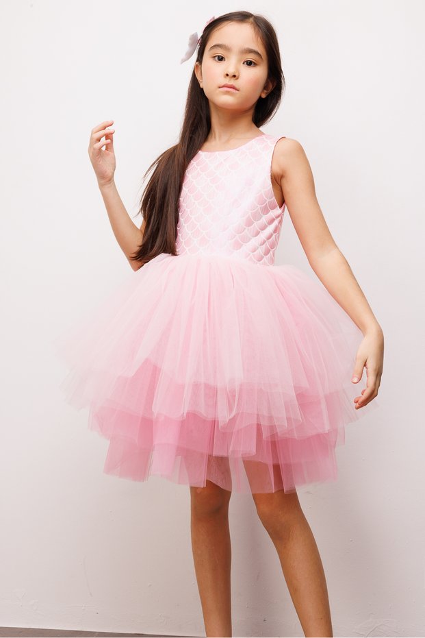 Pink Mermaid Patterned Sleeveless Girls' Dress with Tulle Skirt - Carey