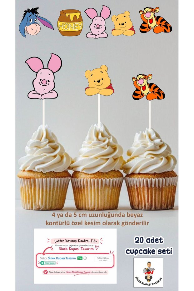 Winnie the Pooh Themed Concept Toothpick Cupcake Decoration Birthday Ornament *20-Pack Thick Paper