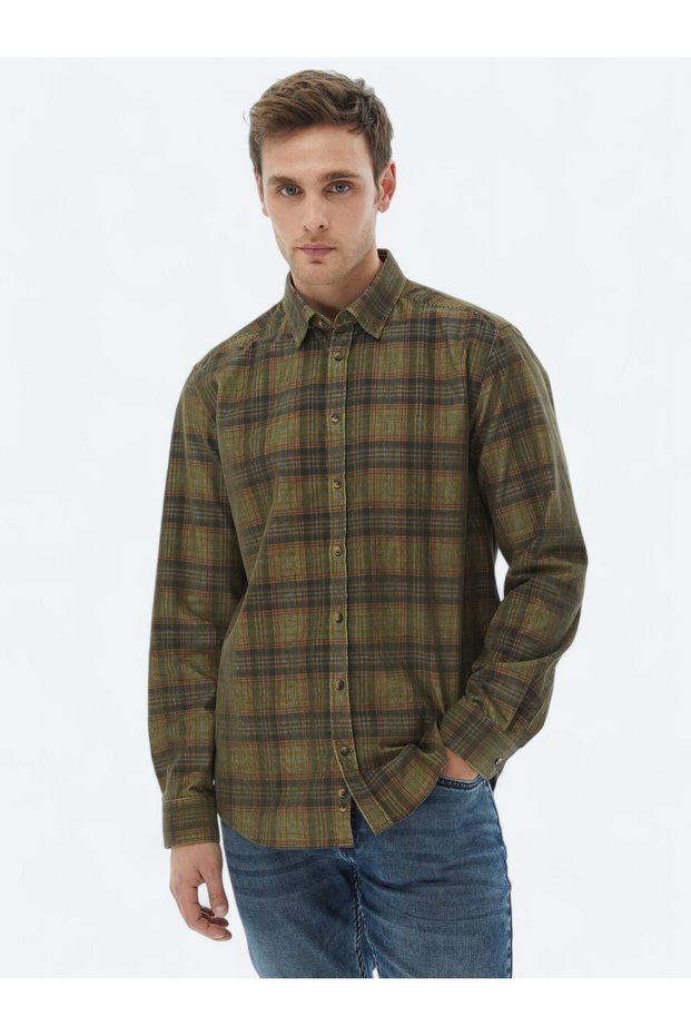 Khaki Corduroy Regular Fit Long Woven Velvet Casual 100% Cotton Shirt