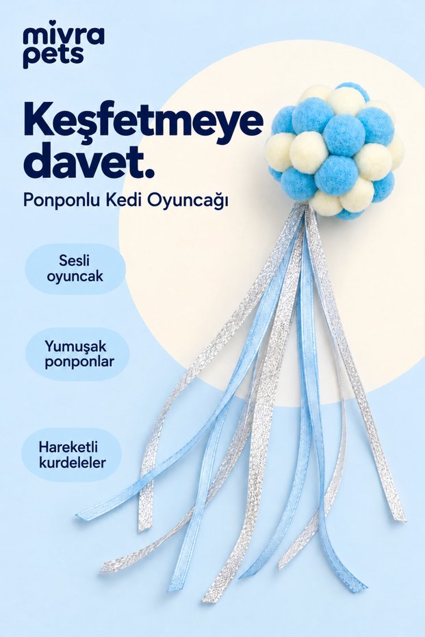 Pompom Cat Toy – Soft Play Ball with Ribbons