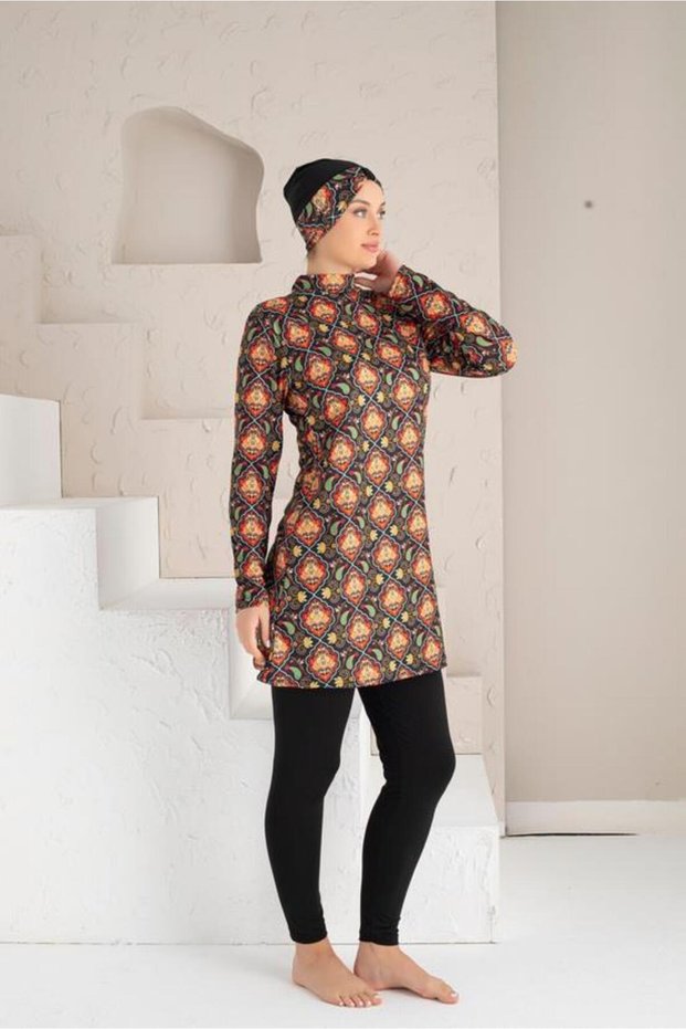 Patterned Lycra Tights Full Covered Hijab Swimsuit 1204