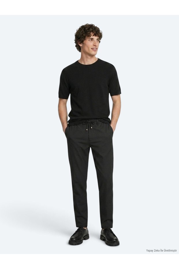 Black Plain Woven Jogging Fit Casual Trousers