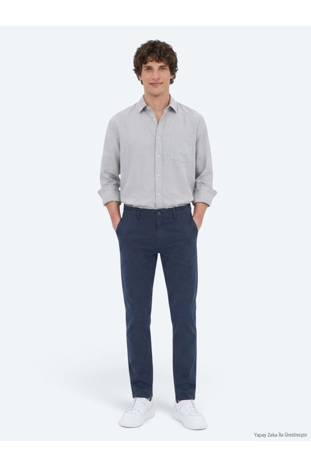 Navy Blue Plain Woven Slim Fit Sports Cotton Blend Trousers