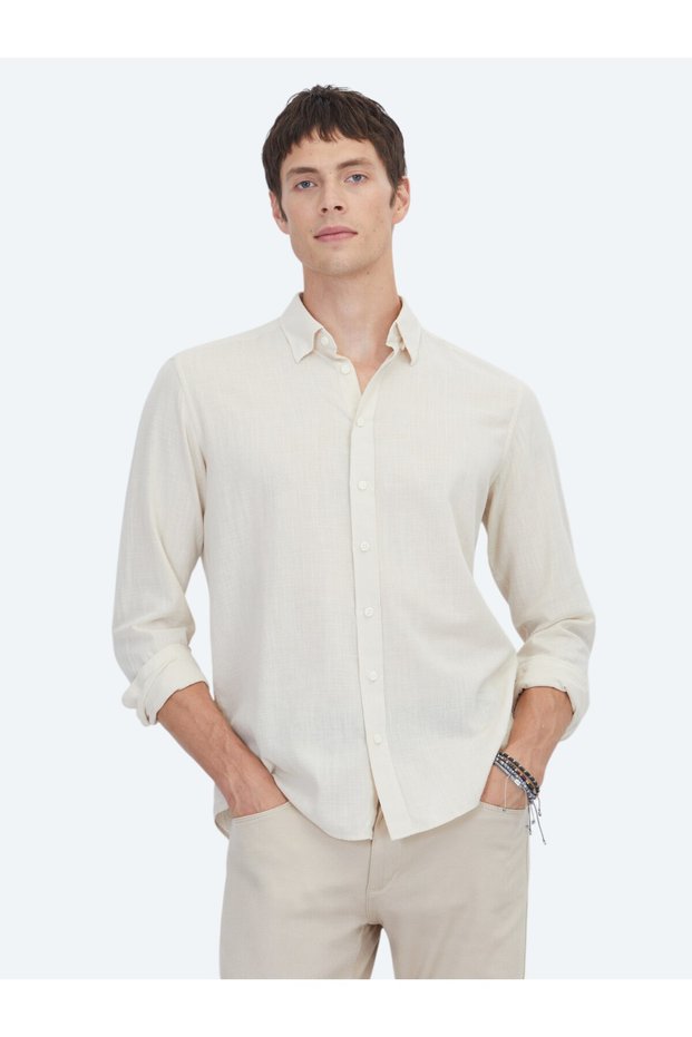 Beige Plain Regular Fit Long Woven Casual 100% Cotton Shirt