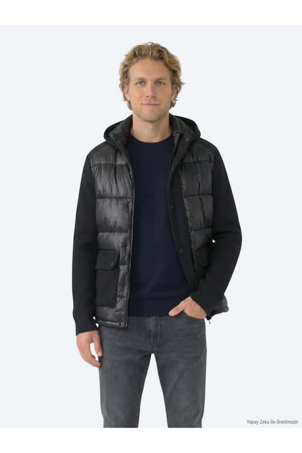 Black Regular Fit Hooded Woven Coat
