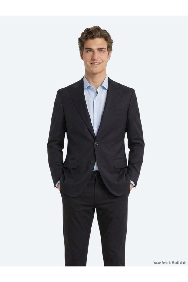 Navy Blue Straight Modern Fit Wool Blended Suit