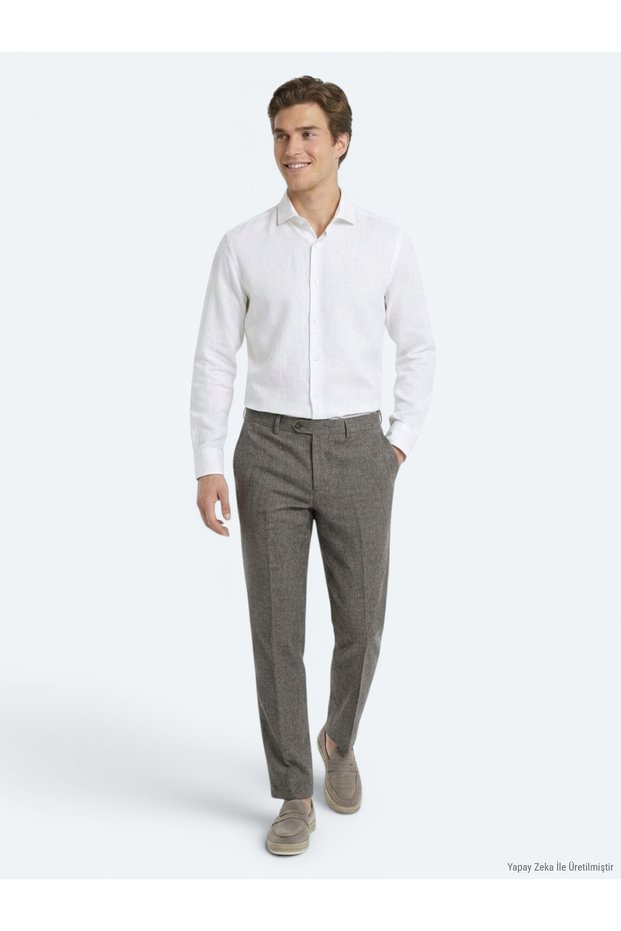 Brown Fabric Relaxed Fit Casual Linen Blend Trousers
