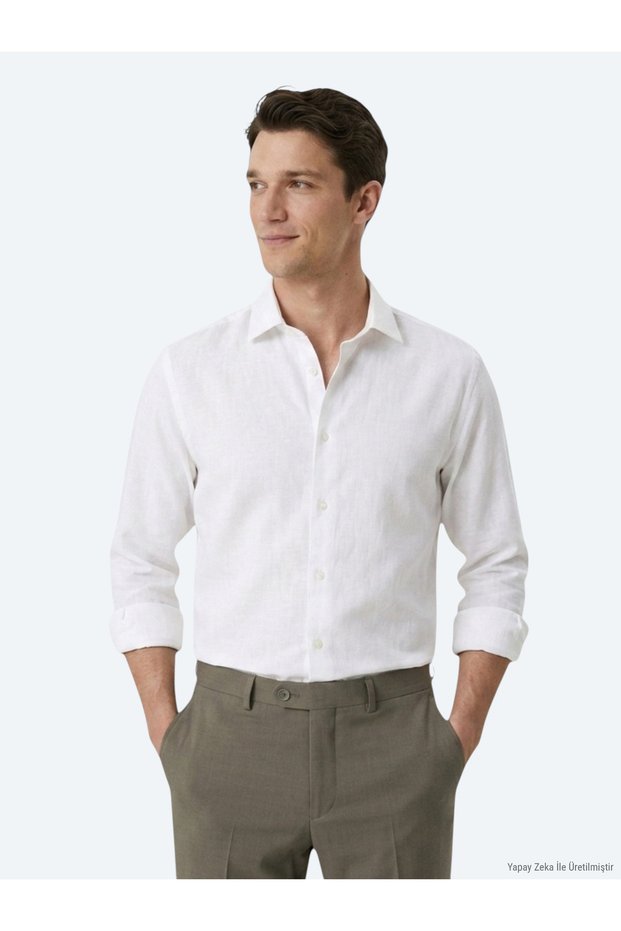 White Regular Fit Long Woven Casual Cotton Blend Shirt