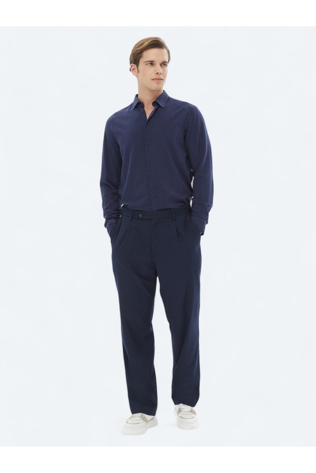 Navy Blue Woven Loose Fit Casual Trousers
