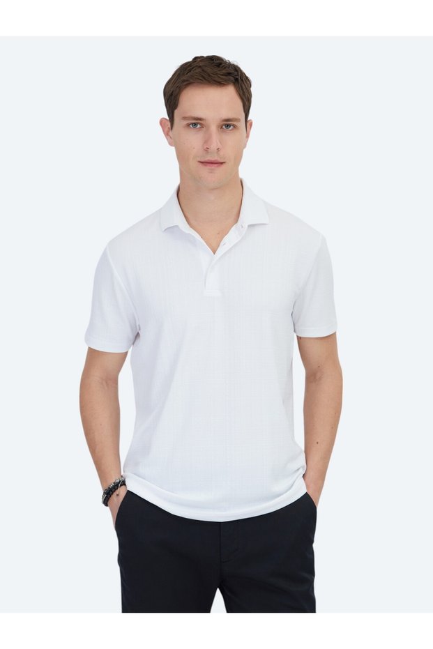 White Jacquard Polo Neck T-Shirt