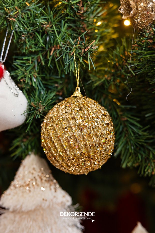Christmas Tree Ball Sequined Embossed 2-Piece Gold 10 cm