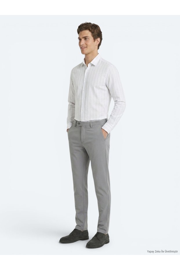 Gray Plain Woven Slim Fit Casual Trousers