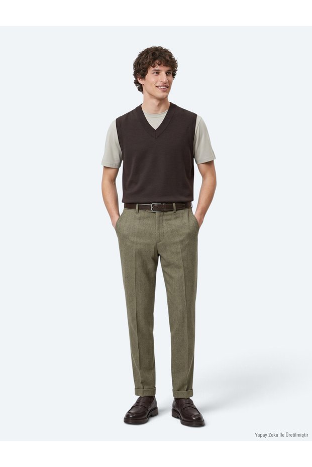 Khaki Woven Jogging Fit Casual Wool Blend Trousers