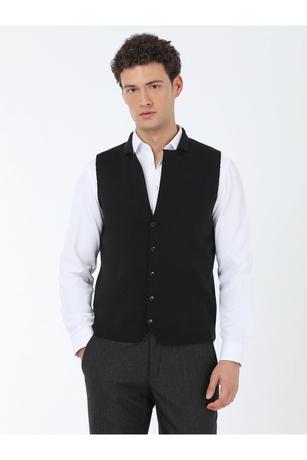Black Plain Knit Knitwear Vest