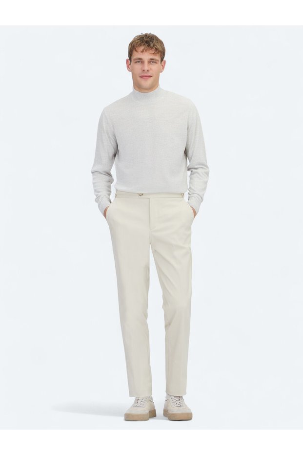 Beige Woven Regular Fit Smart Casual Cotton Blend Trousers