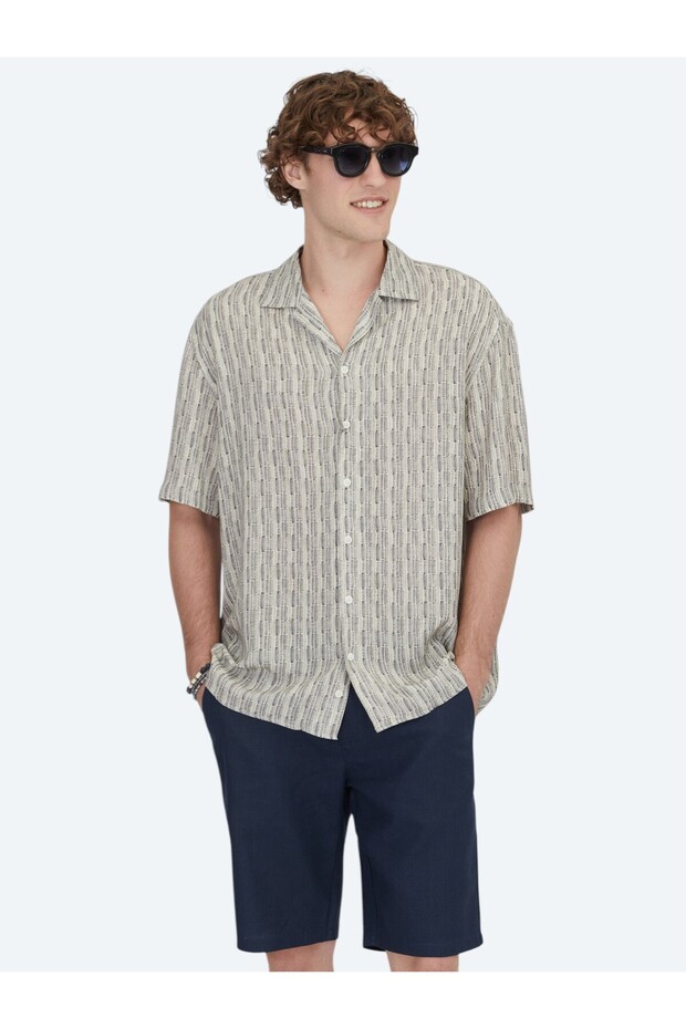 Blue Patterned Oversize Fit Short Woven Casual Shirt