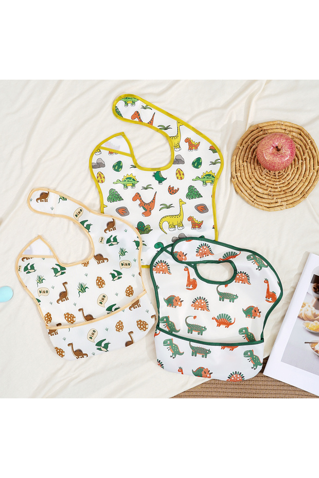 SMT2127-B12 3 Pack Mess Proof Baby Bib with Reversible Pocket, Waterproof Led Weaning Baby Feeding B