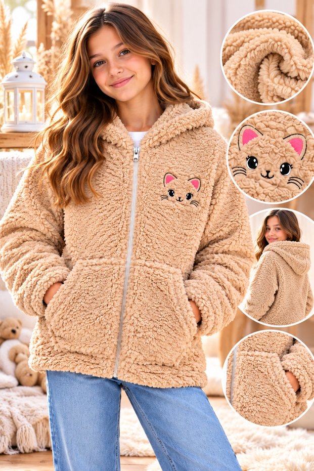 Girl's Plush Hooded Zippered Cardigan with Cat Embroidery and Pockets, Soft Sweatshirt, Ages 8-13, Cream