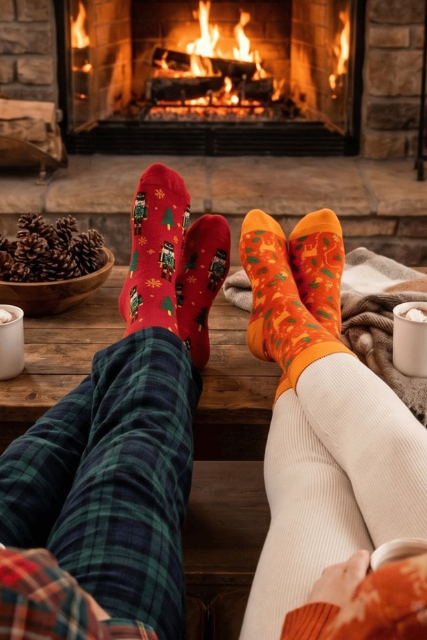 Christmas Themed 2-Piece Cotton Towel Socks Soft Christmas Patterned Burgundy Orange Socks Set in Special Gift Pouch