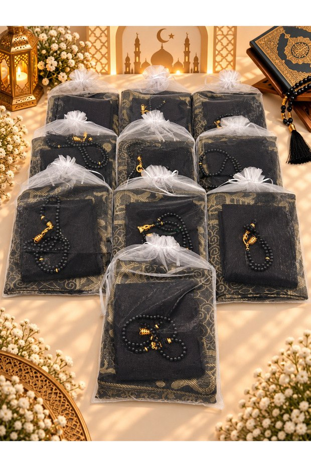 10 pieces black gift (dowry-mevleed-hajj-umra) prayer mat with flame cover tasbih set