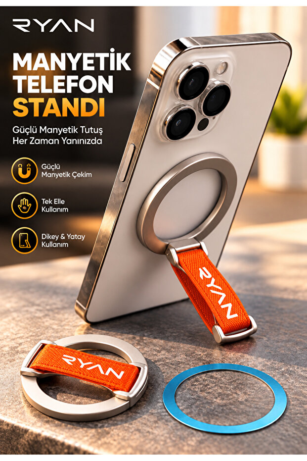 Magsafe Compatible Magnetic Phone Holder Foldable Horizontal Vertical Desktop Stand with Finger Strap