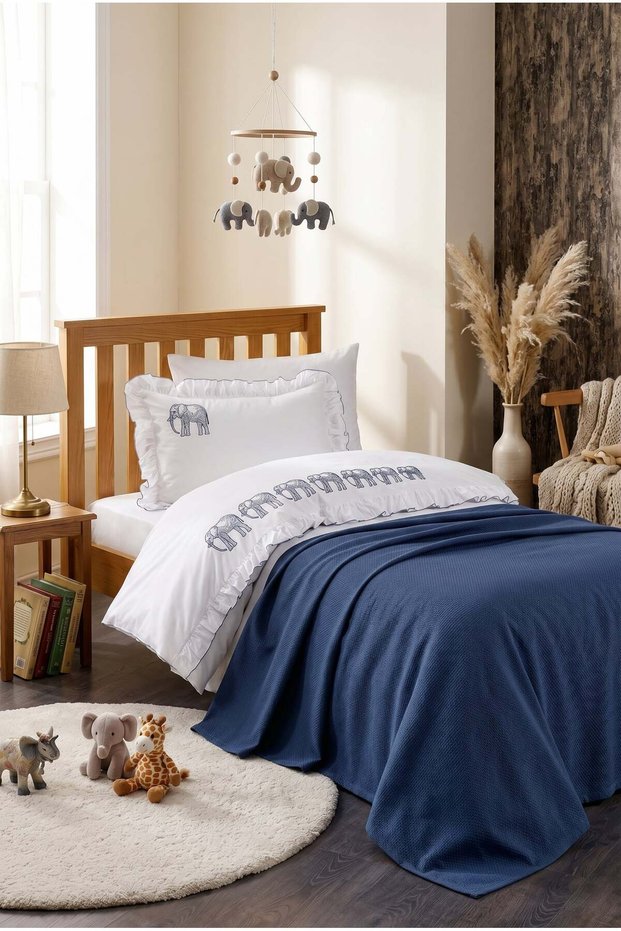5-Piece Cotton, Pique Bedspread, Elephant Pattern and Ruffle Amazon Single Blue Duvet Cover Set