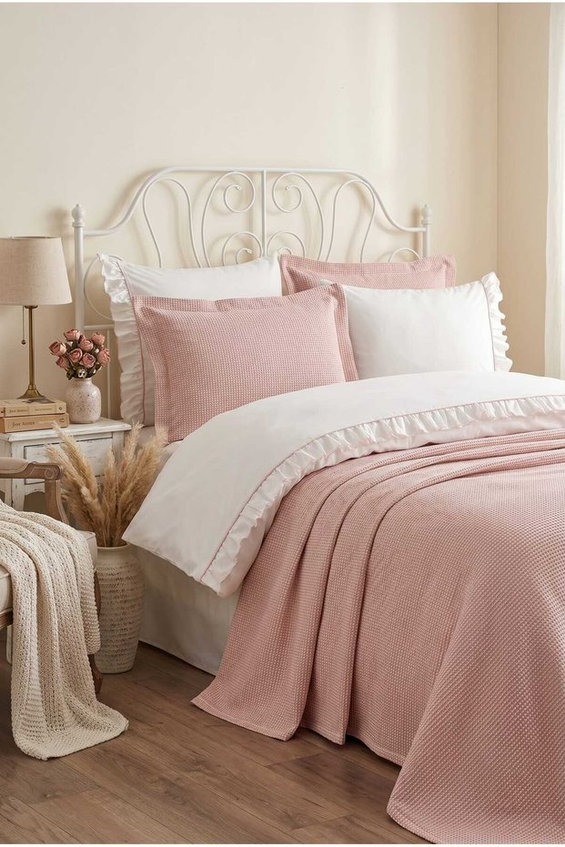 7 Piece Cotton Pique Covered and Ruffled Fulya Double Duvet Cover Set Powder