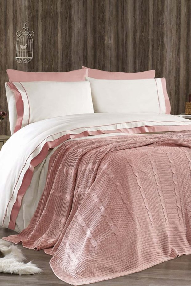7 Piece Cotton Knitwear Blanket Ahzen Double Duvet Cover Set Pink