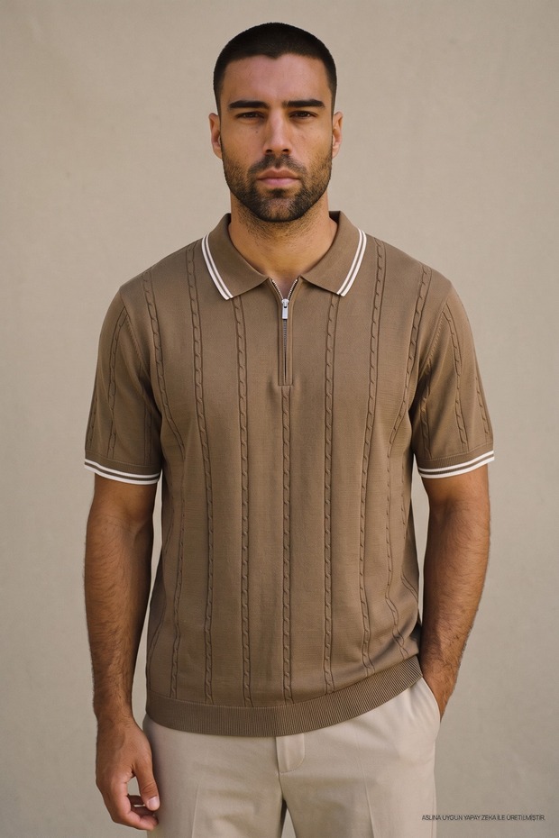 Men's Trendy Striped Premium Dark Brown Polo Neck T-Shirt
