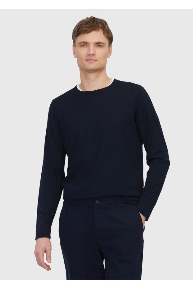 Navy Blue Crew Neck Plain Knit Wool Blended Sweater