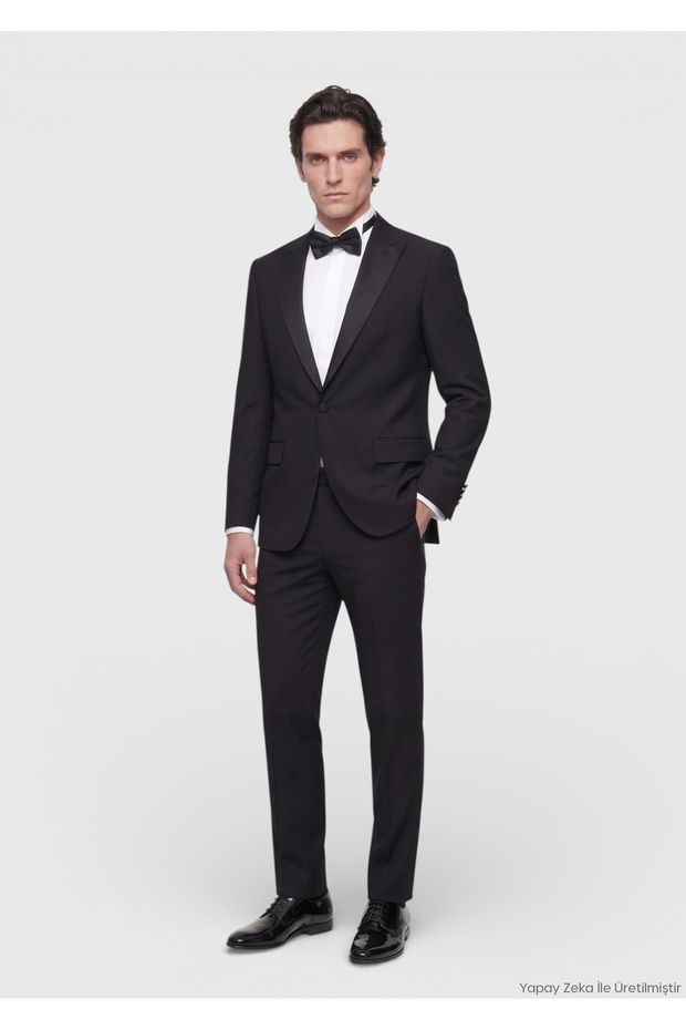 Black Plain Modern Fit Shawl Collar Woven Tuxedo Suit
