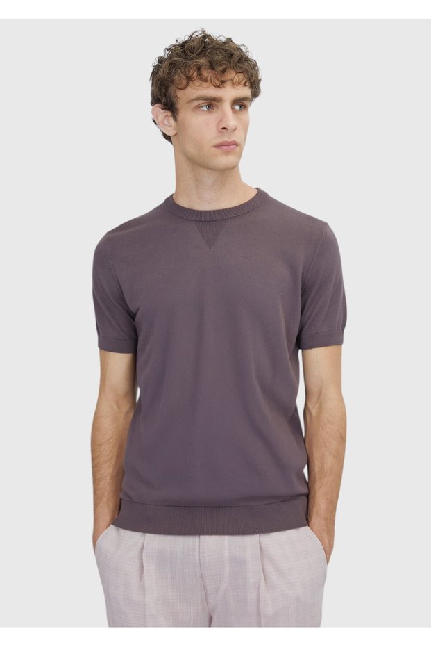 Plum Crew Neck Plain Knit 100% Cotton Knitwear