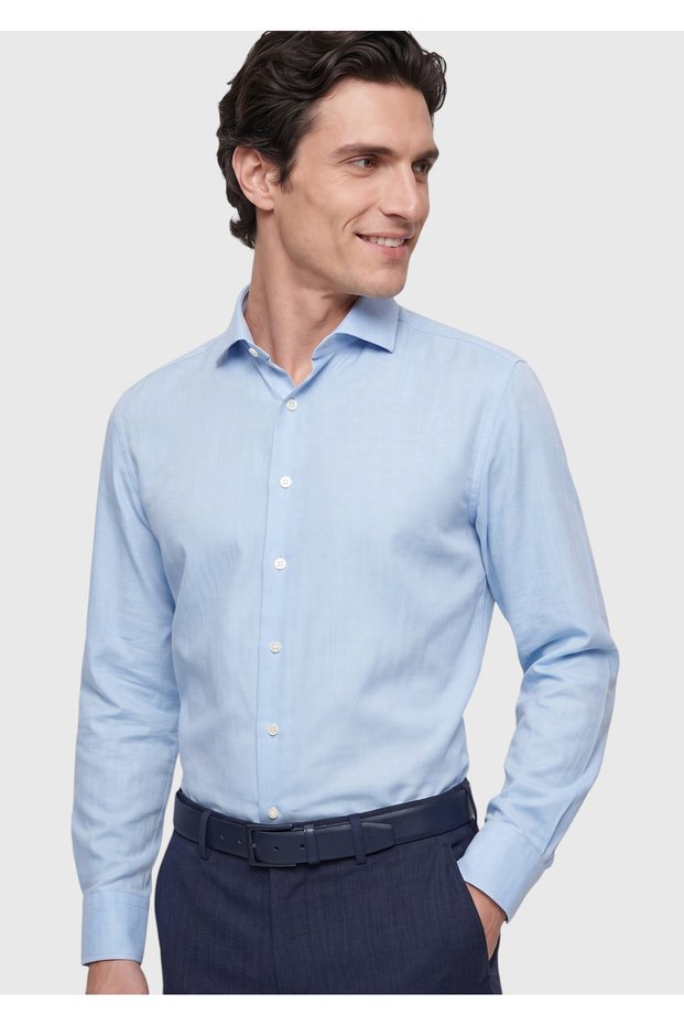 Blue Plain Long Woven Casual Shirt