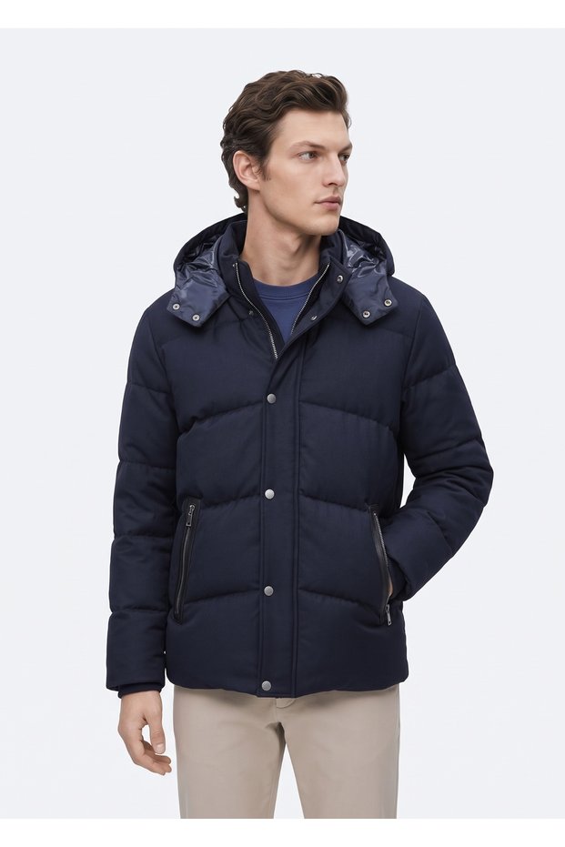 Navy Blue Regular Fit Hooded Woven Coat
