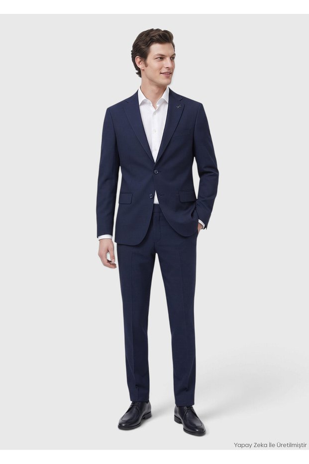 Navy Blue Striped Modern Fit Wool Blend Suit