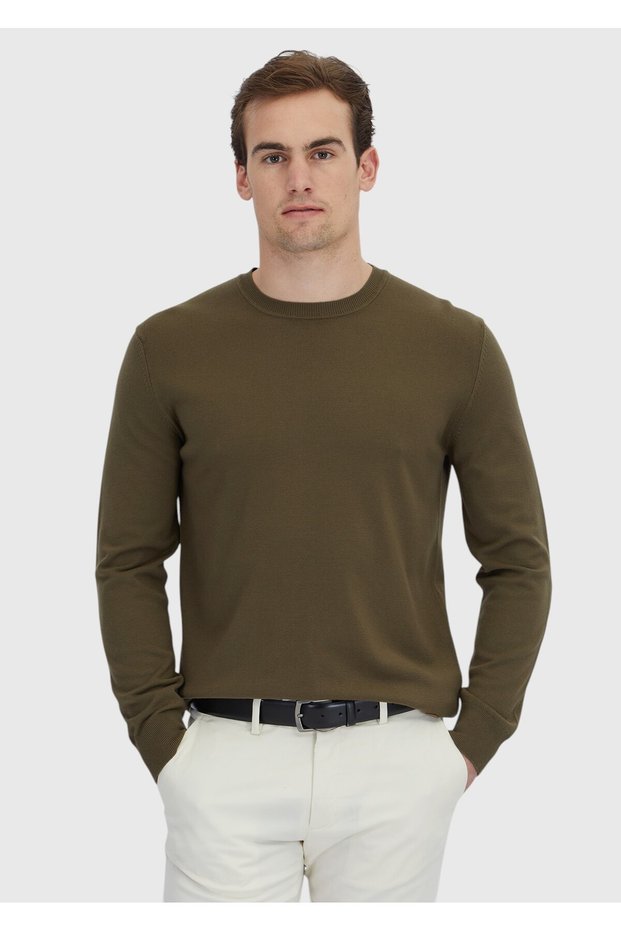 Khaki Crew Neck Plain Knit Sweater