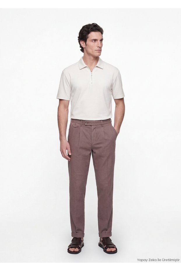 Mürdüm Plain Weave Relaxed Fit Casual Cotton Blend Trousers