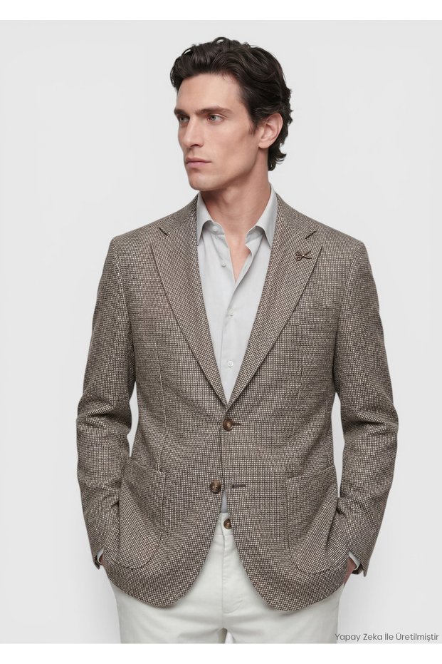 Light Brown Patterned Zeroweight Slim Fit Cotton Blend Jacket