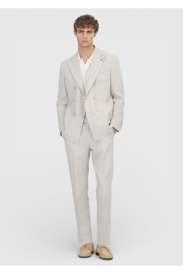 Beige Striped Zeroweight Slim Fit Cotton Blend Suit