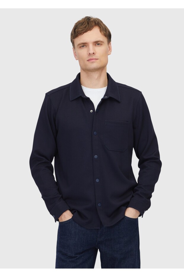 Navy Blue Polo Collar Plain Sweatshirt