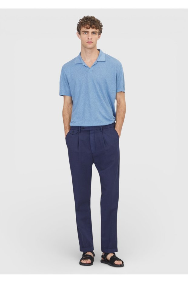 Navy Blue Plain Weave Relaxed Fit Casual Cotton Blend Trousers