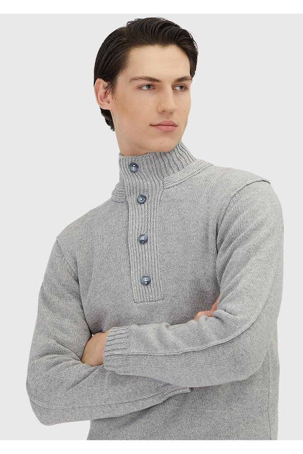 Light Gray Half Turtleneck Plain Knit Cashmere Blend Sweater