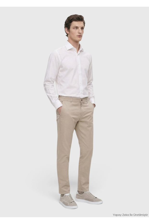Beige Plain Woven Jogging Fit Casual Trousers