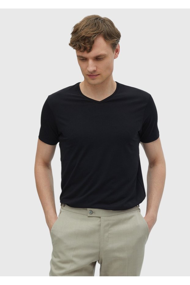 Cotton Blended Black T-Shirt - Plain V-Neck