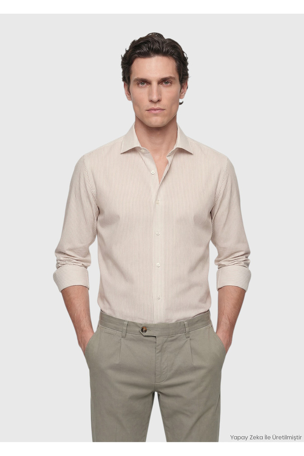 Beige Casual Fit Long Woven Casual Cotton Blend Shirt